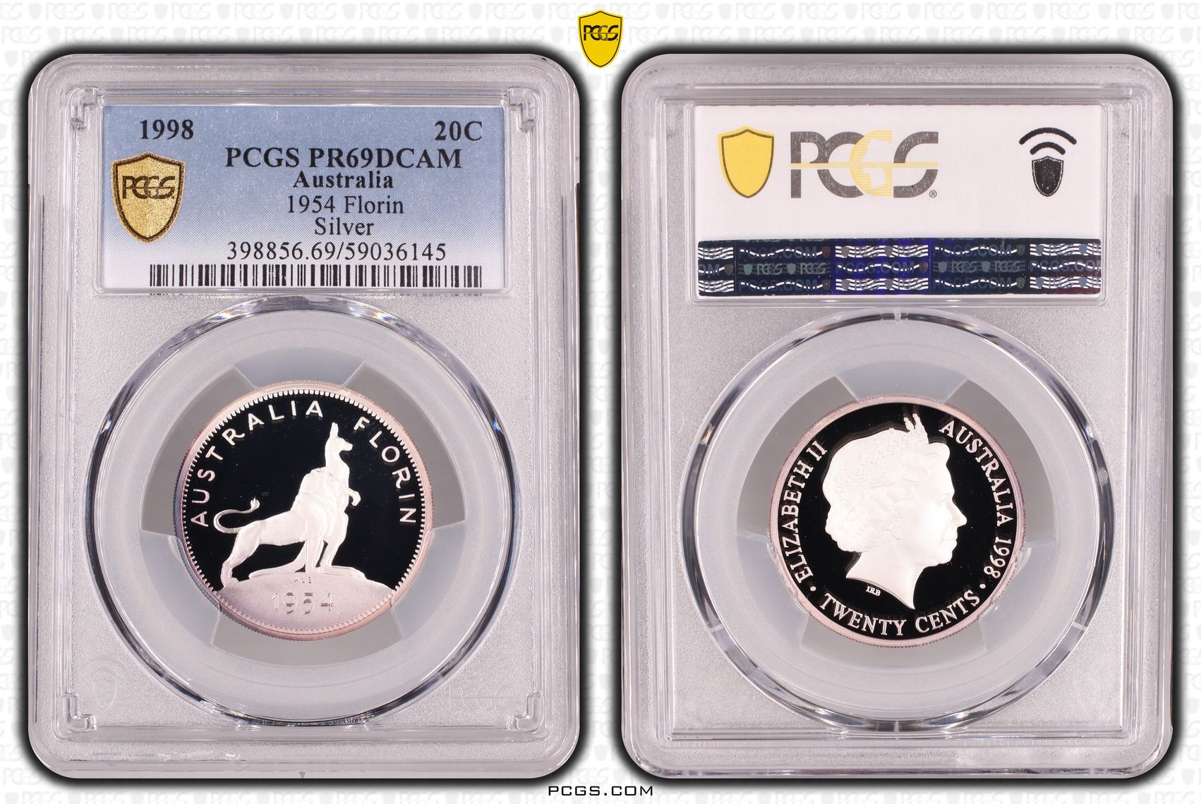 1954 Florin Silver, Twenty Cent, 1998, PCGS PR69DCAM