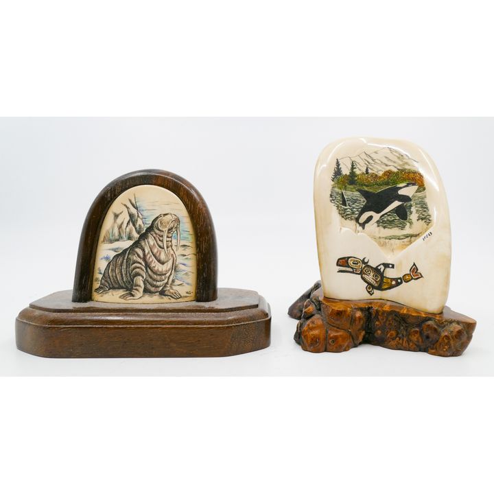 2pc Scrimshawed Walrus and Killer Whale Fragments on Stands 3.5'' and 4''