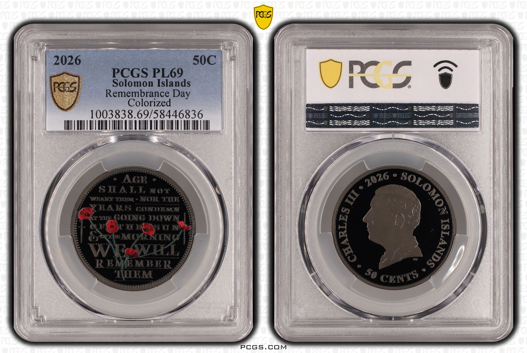 Solomon Islands, Charles III, Remembrance Day Colourised "For the Fallen" Poem, Fifty Cent, 2026, PCGS PL69