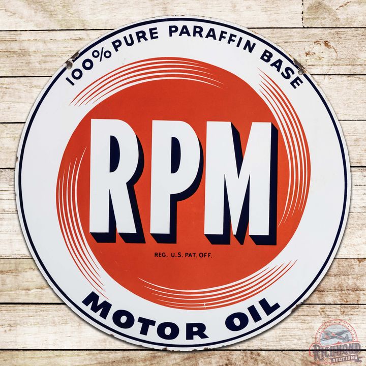RPM 100% Pure Paraffin Base Motor Oil 28" Double Sided Porcelain Sign