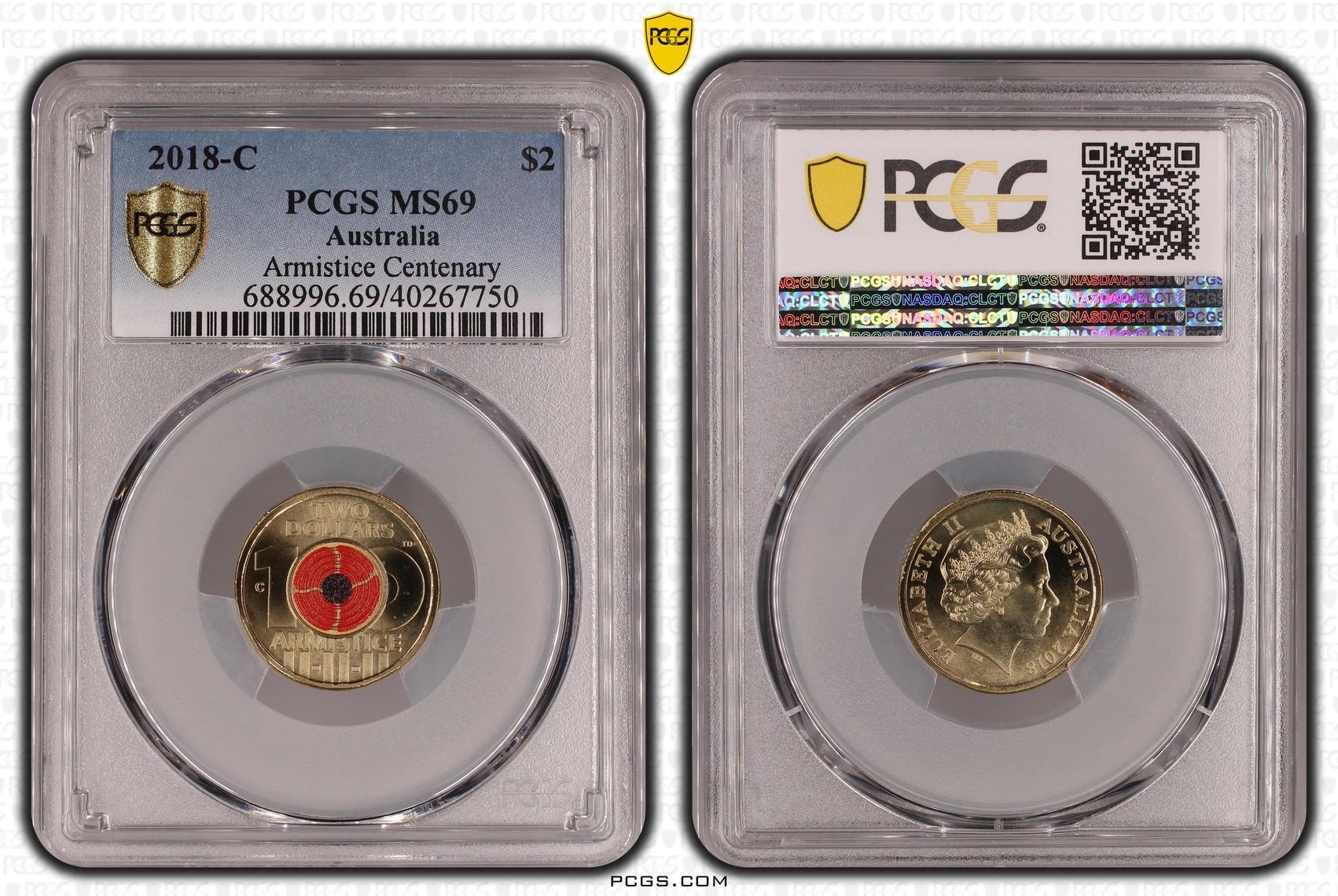 Armistice Centenary Colourised, Two Dollar, 2018-C, PCGS MS69