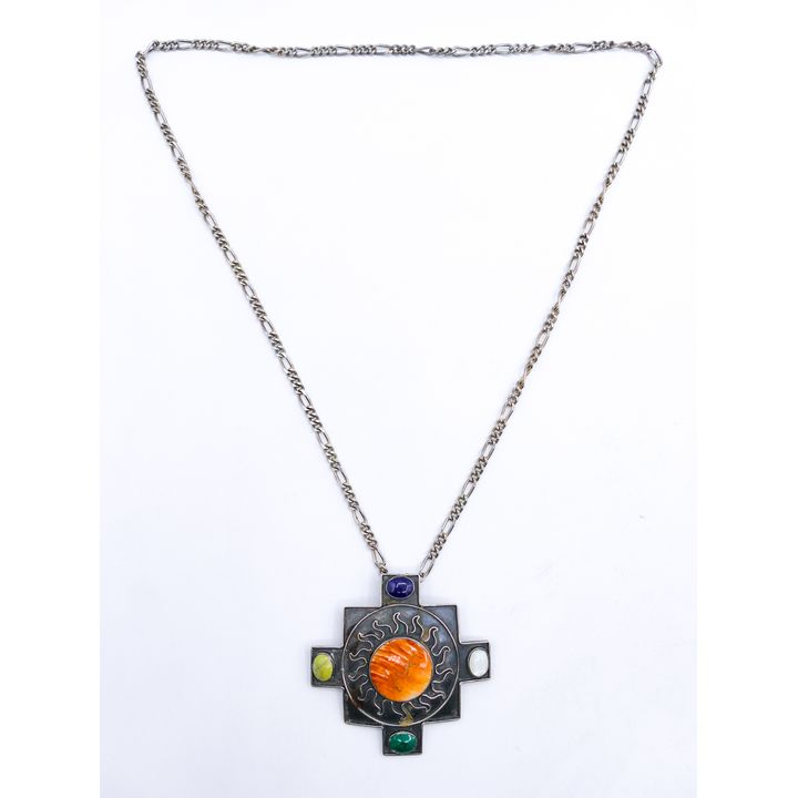 Sterling Sun Stone Cabochon Pendant Necklace 28'' - 51 Grams