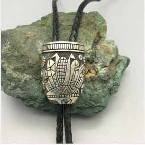 Very Unique Style Bolo With Turquoise and Coral Set in Sterling by Lee Epperson