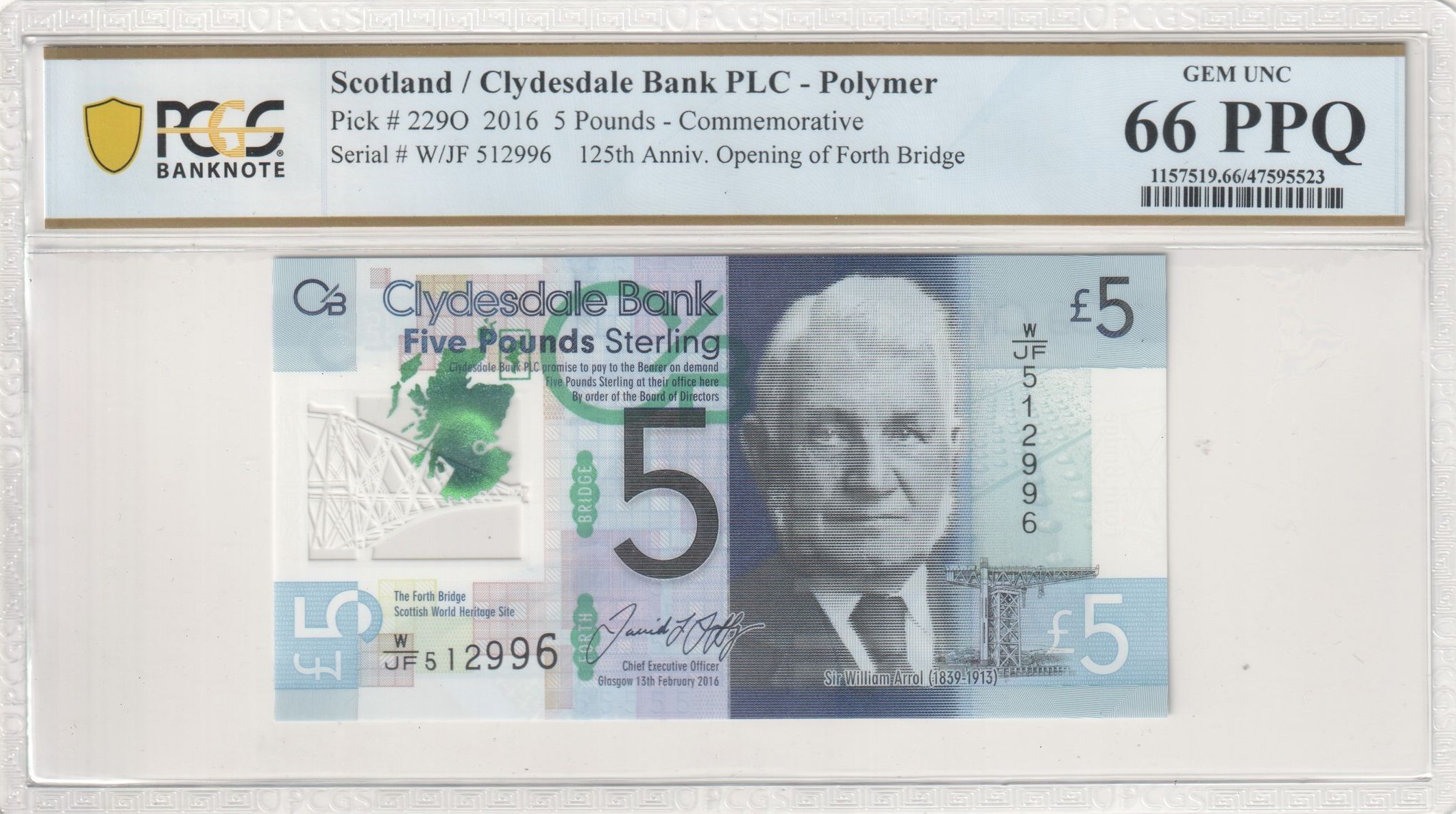 Scotland, Clydesdale Bank PLC, Polymer, Commemorative, 125th Anniv. Opening of Forth Bridge, Five Pound, 2016, PCGS Gem UNC 66 PPQ