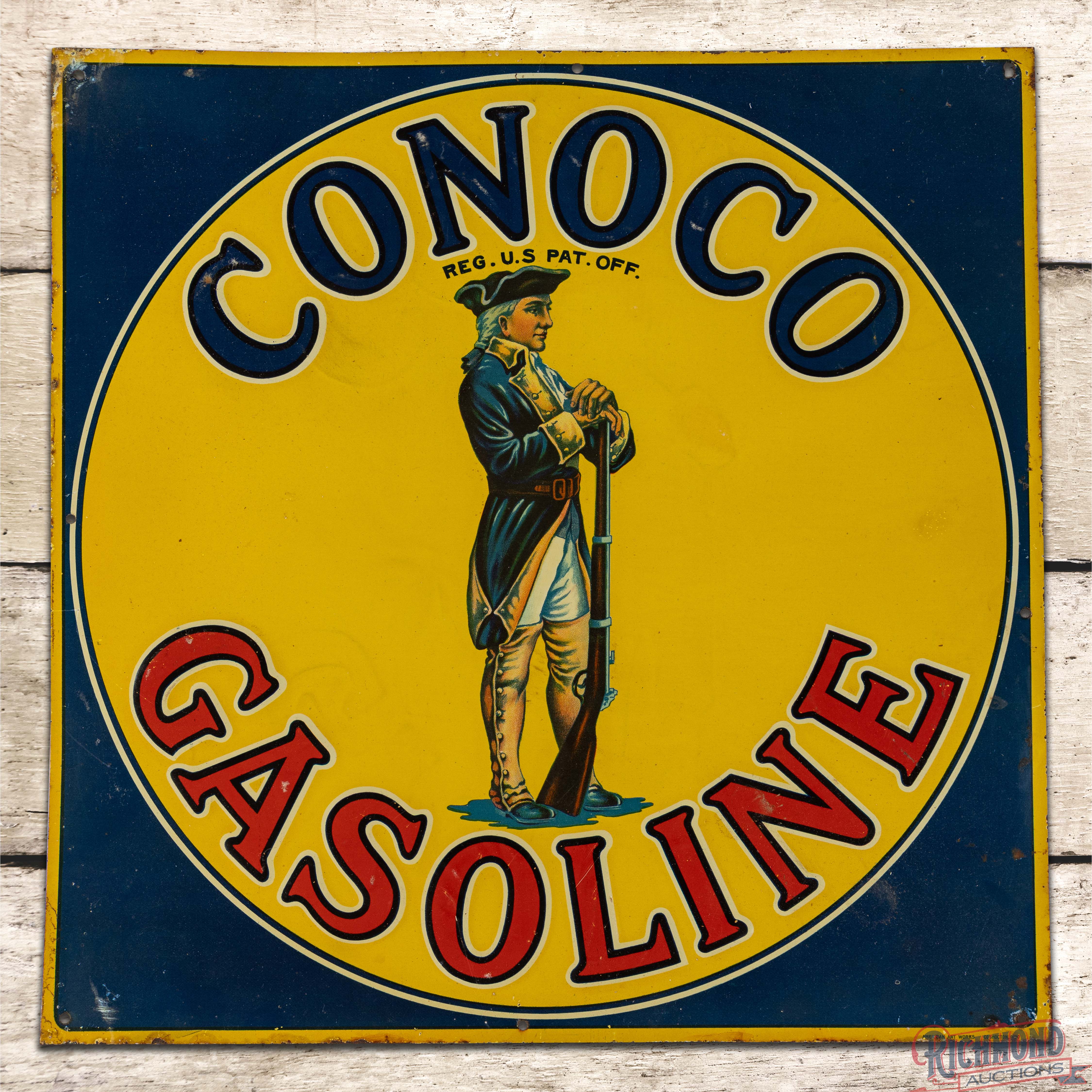 Outstanding NOS Conoco Gasoline Emb. Single Sided Tin Sign w/ Soldier ...