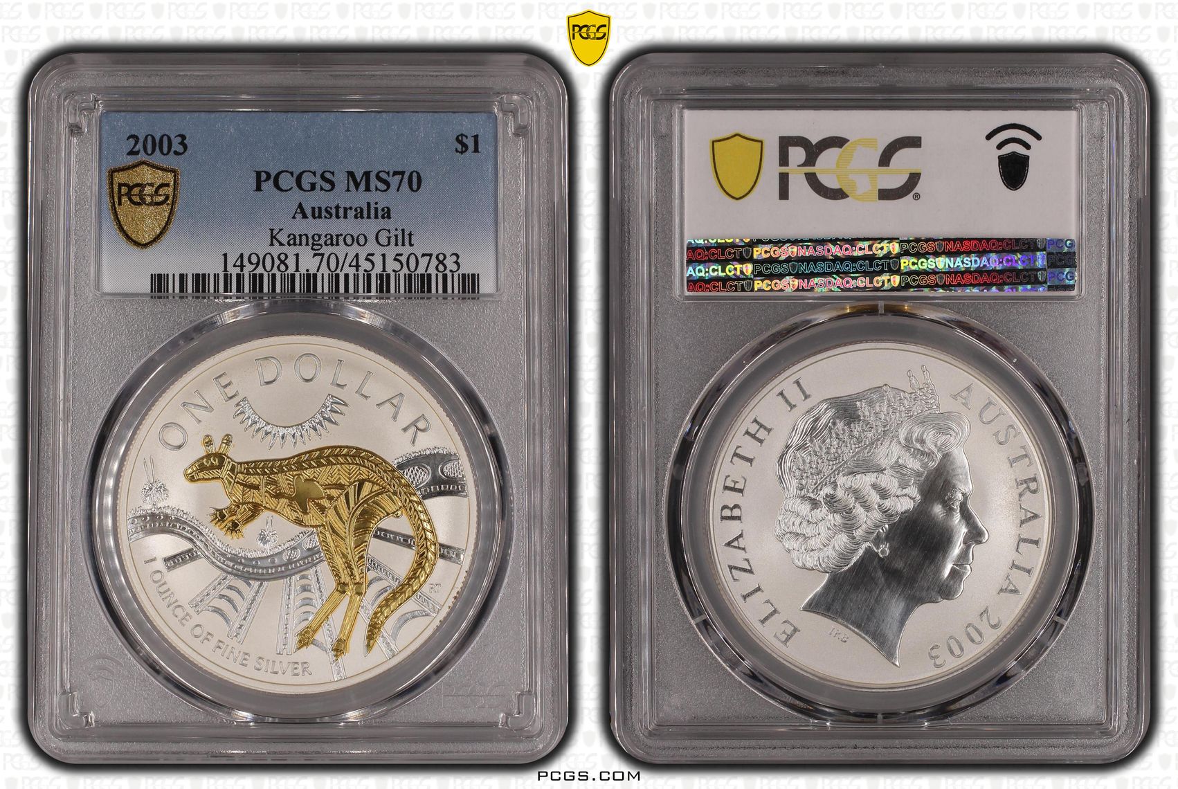 2003 Australia One Dollar, $1 Kangaroo Gilt PCGS - MS70 POP 9/0 -783