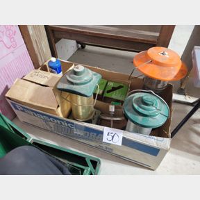 Vintage baby blue gas lantern and Collection of camping lanterns and extra parts