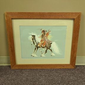 Woody Crumbo - Warrior on A Horse Framed Serigraph
