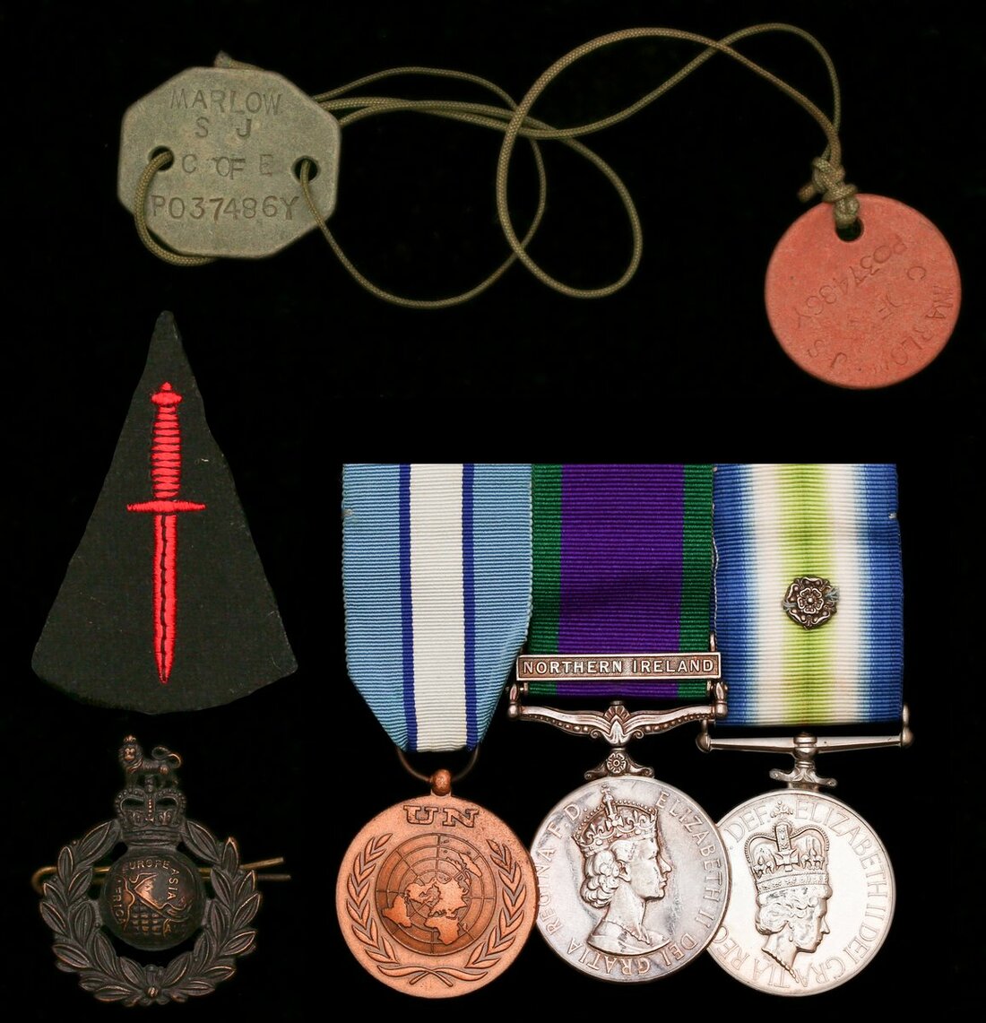 Three: Marine S. J. Marlow, Royal Marines U.N. Medal, on UNFICYP riband ...