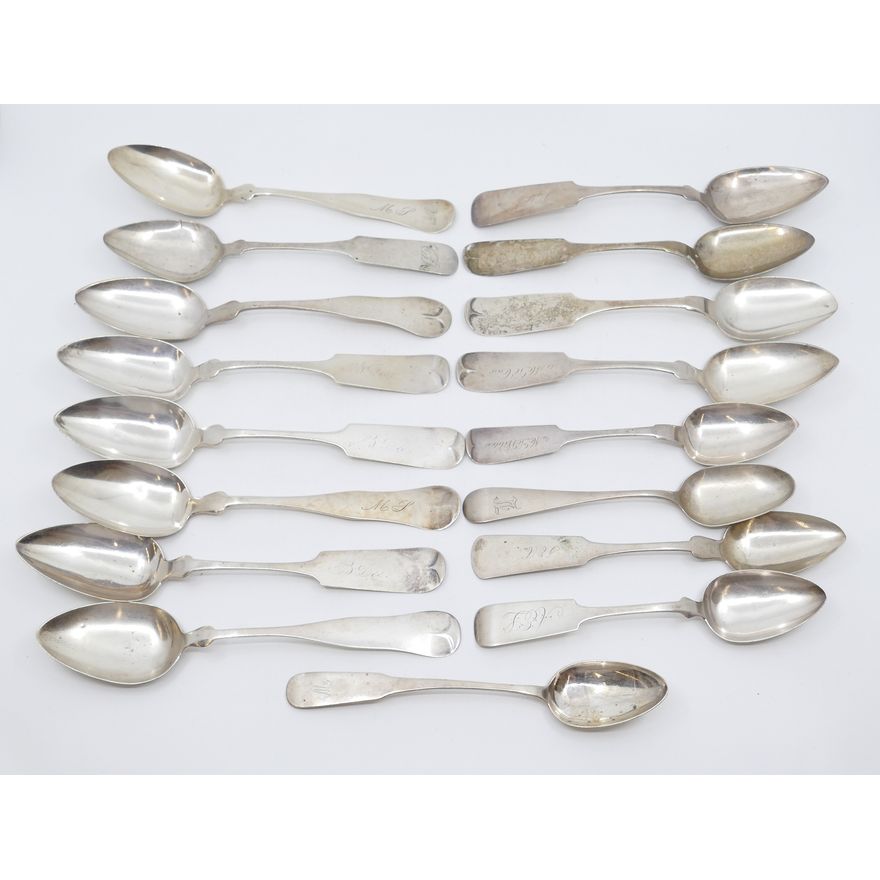 17pc American Coin Silver Serving Spoons- 662g TW. Measures 7'' to 8.5'' each