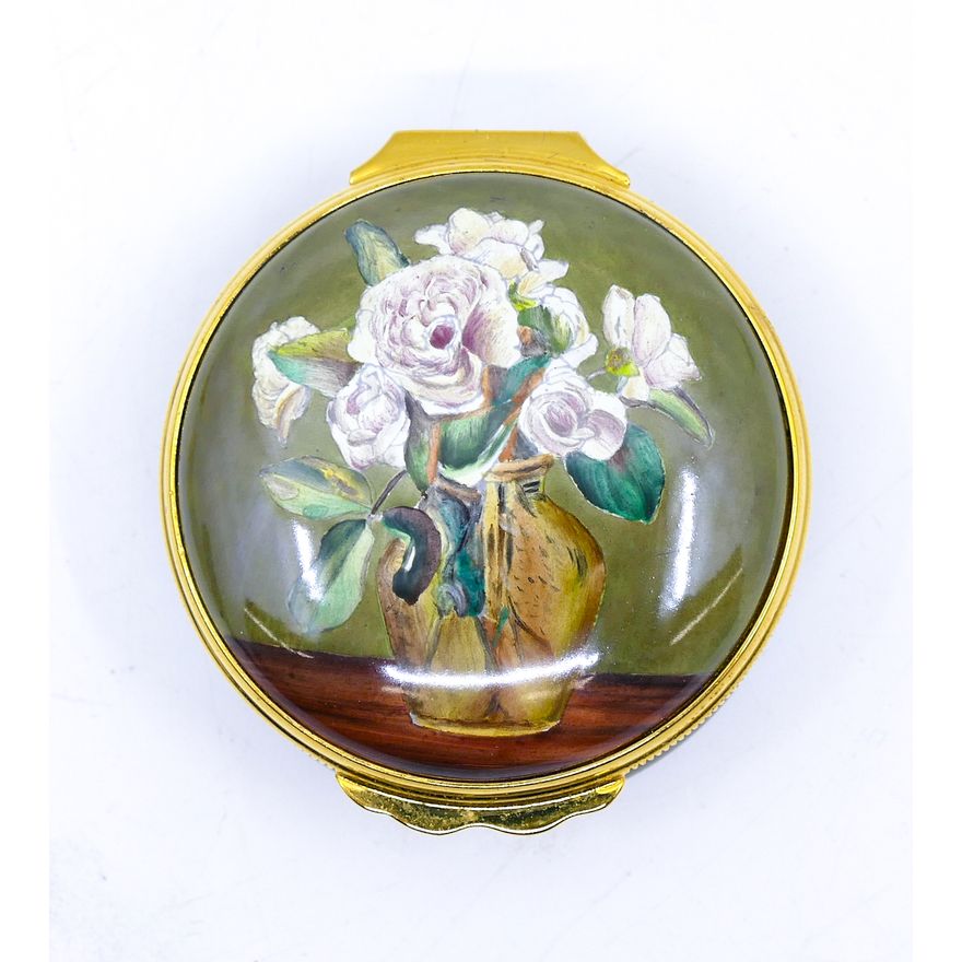Halcyon Days ''White Roses In A Glass Vase''  Enameled Box