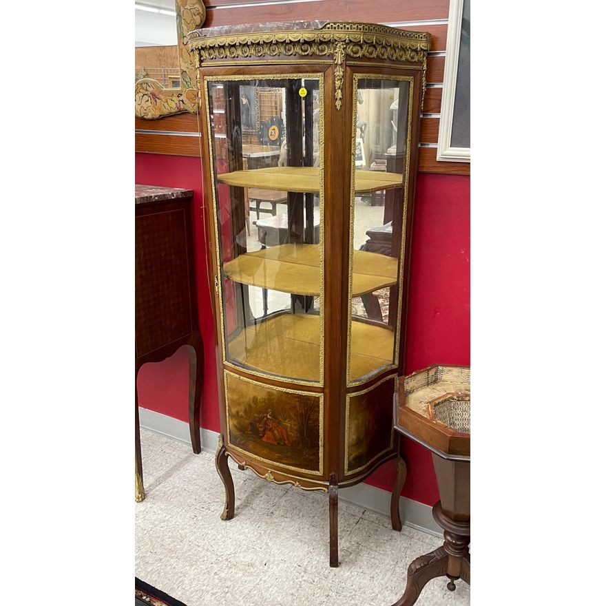 French Vernis Martin Marble Top Vitrine Cabinet- 62x27x12''- repair to feet