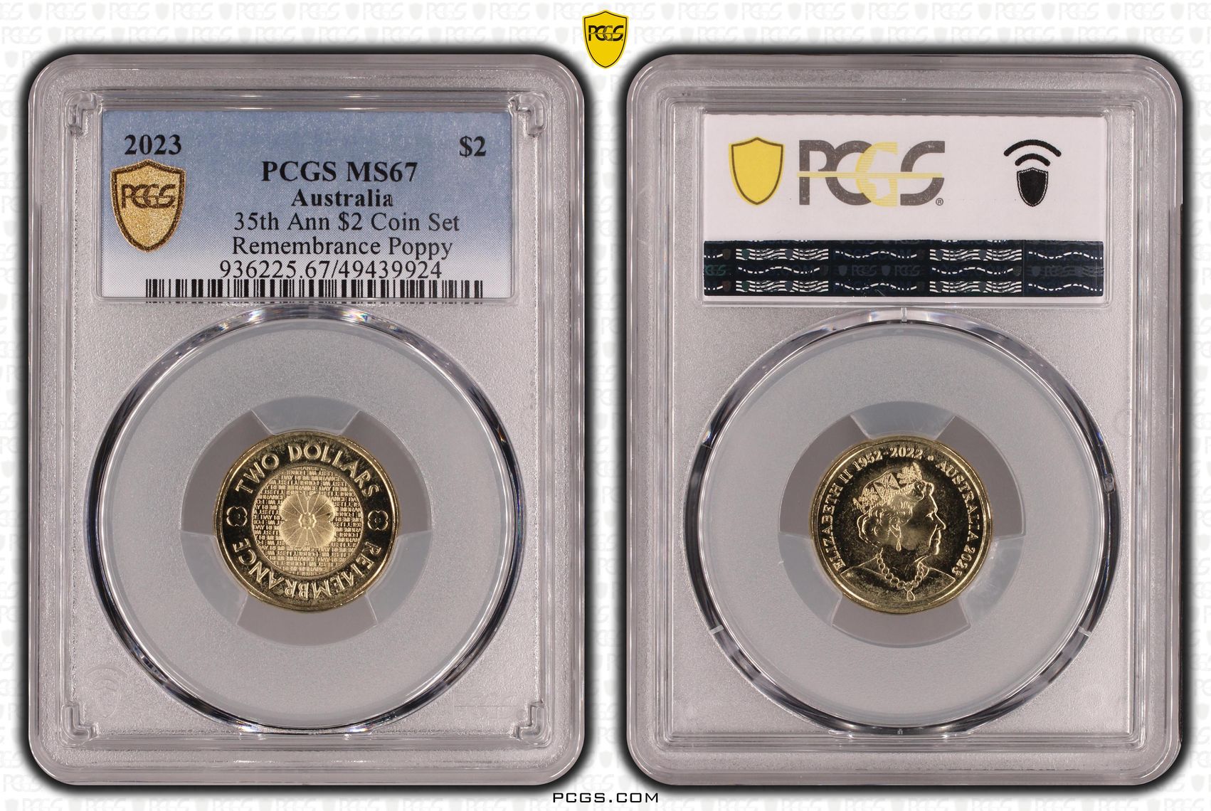 Elizabeth II, 35th Ann $2 Coin Set Remembrance Poppy , Two Dollar, 2023, PCGS MS67