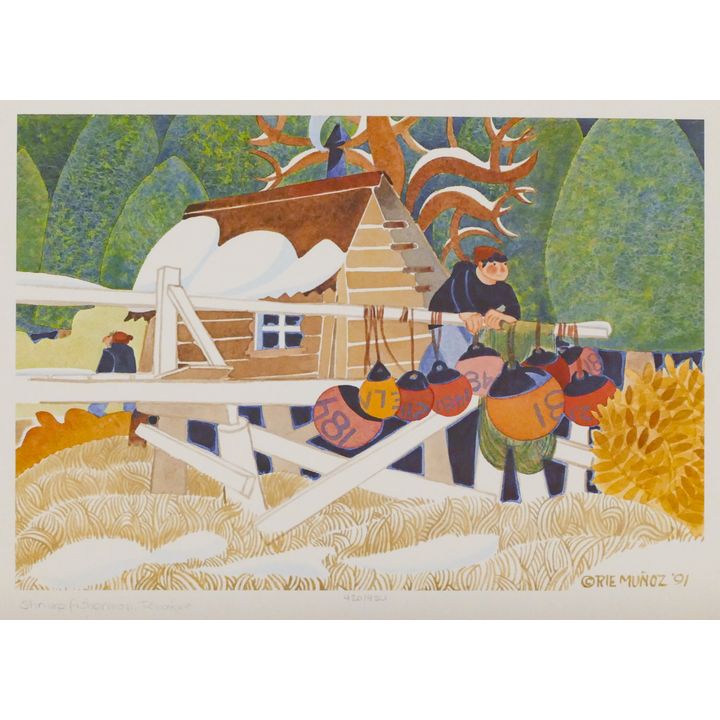 Rie Munoz ''Shrimp Fisherman, Tenakee'' 1991 Signed Print 13'' x 17'' Sheet.