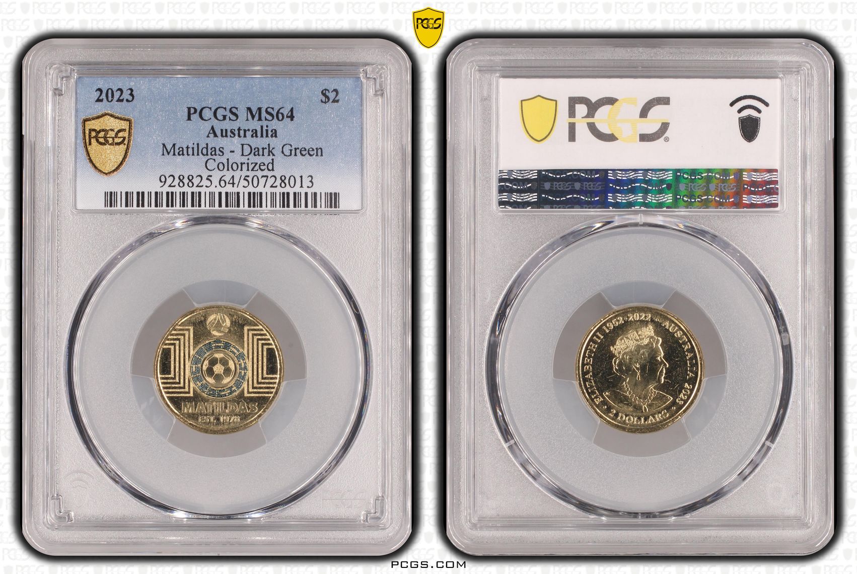 Matildas - Dark Green Colorized , Two Dollar, 2023, PCGS MS64