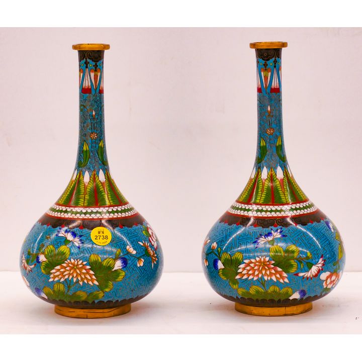 Pair Old Chinese Cloisonne Bottle Vases- 10'' each