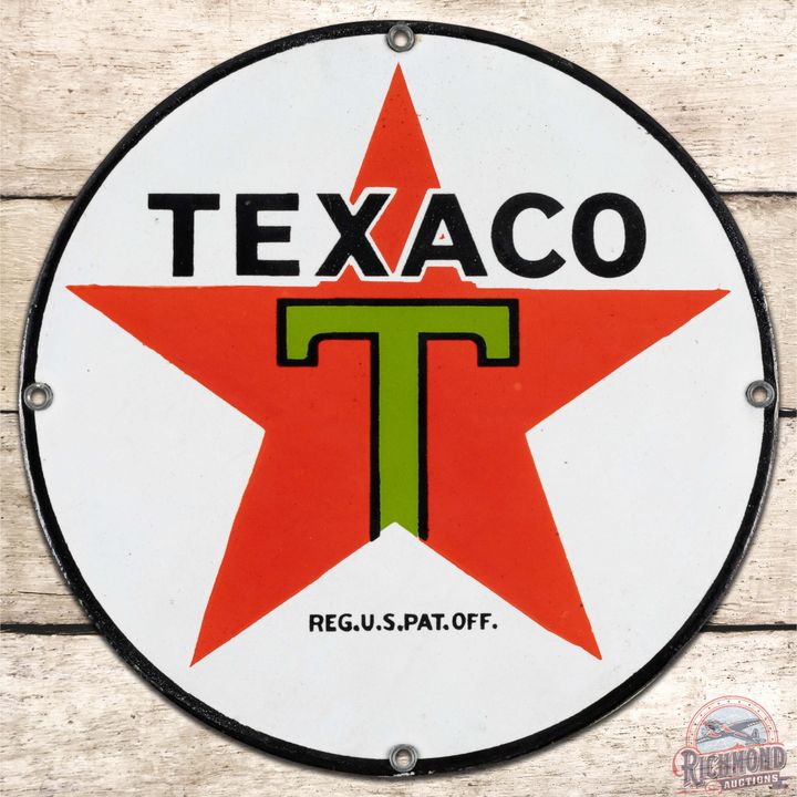 Early Texaco 8" SS Porcelain Sign "Black T Logo"