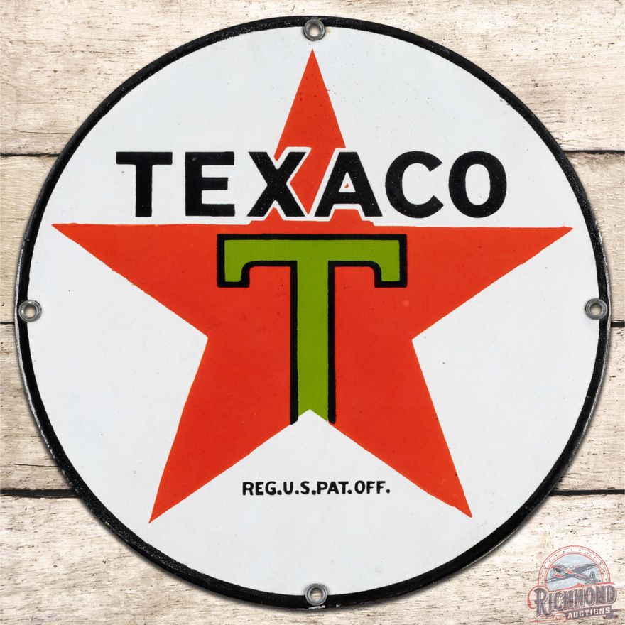 Early Texaco 8" SS Porcelain Sign "Black T Logo"
