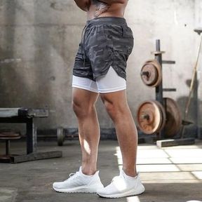 APEY SHORTS FOR MEN - 2 IN 1 SPORTS SHORTS WITH PHONE POCKET - GYM SHORTS BLACK CAMO L - 52055/23476