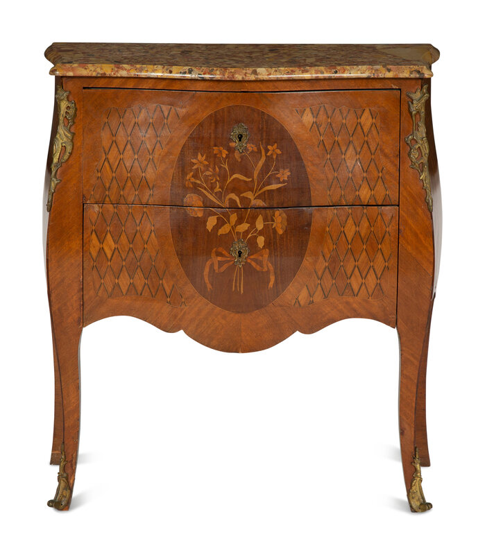 A Louis XV Style Gilt Metal-Mounted Tulipwood Marquetry Marble-Top Commode