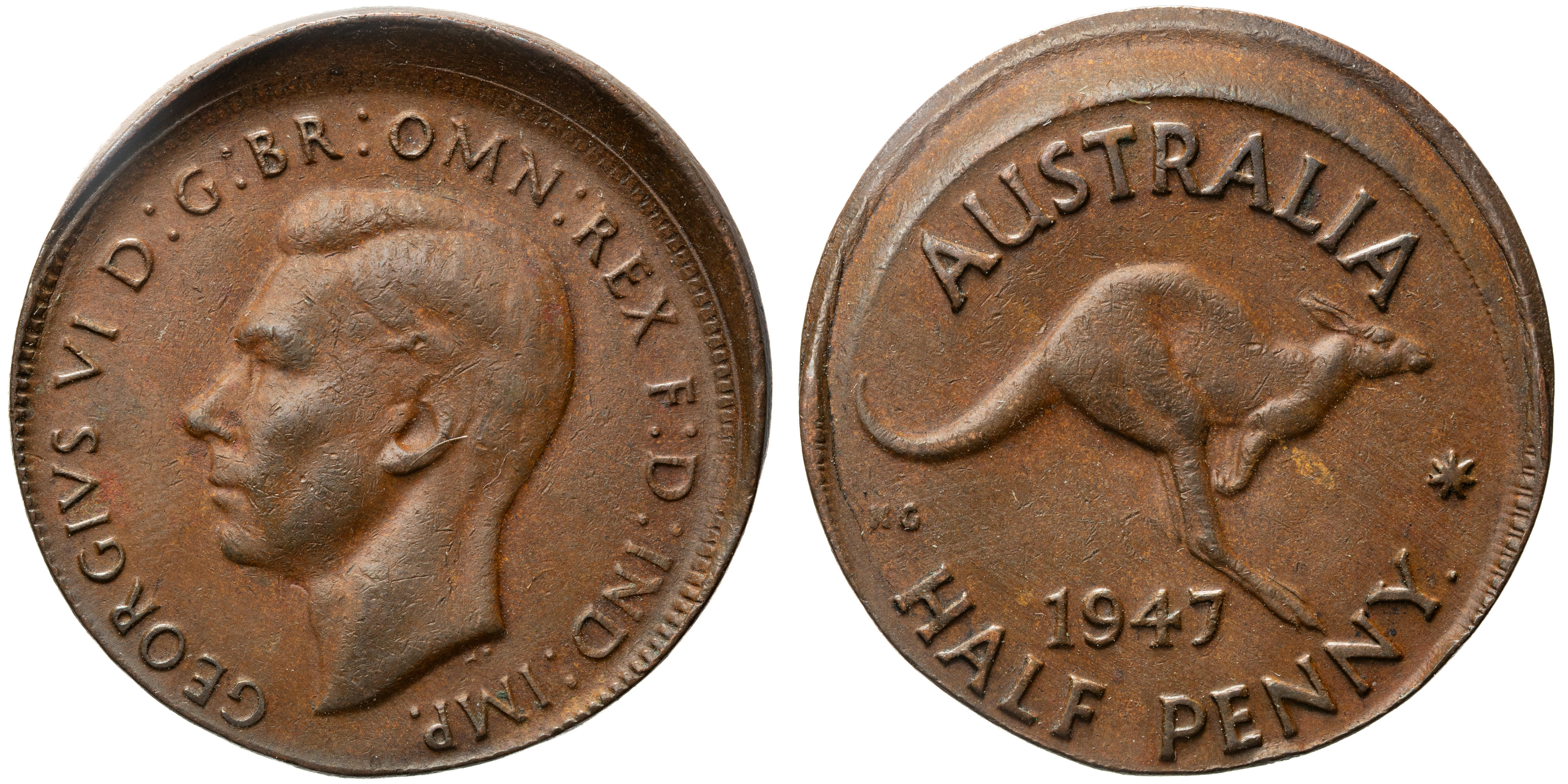 George VI, Off-Centre Mistrike, Halfpenny, 1947