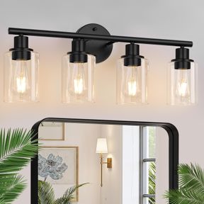 ZARBITTA 4-LIGHT BATHROOM LIGHT FIXTURES, BLACK MODERN VANITY LIGHTS WITH CLEAR GLASS SHADE, BATHROOM WALL LAMP FOR MIRROR KITCHEN