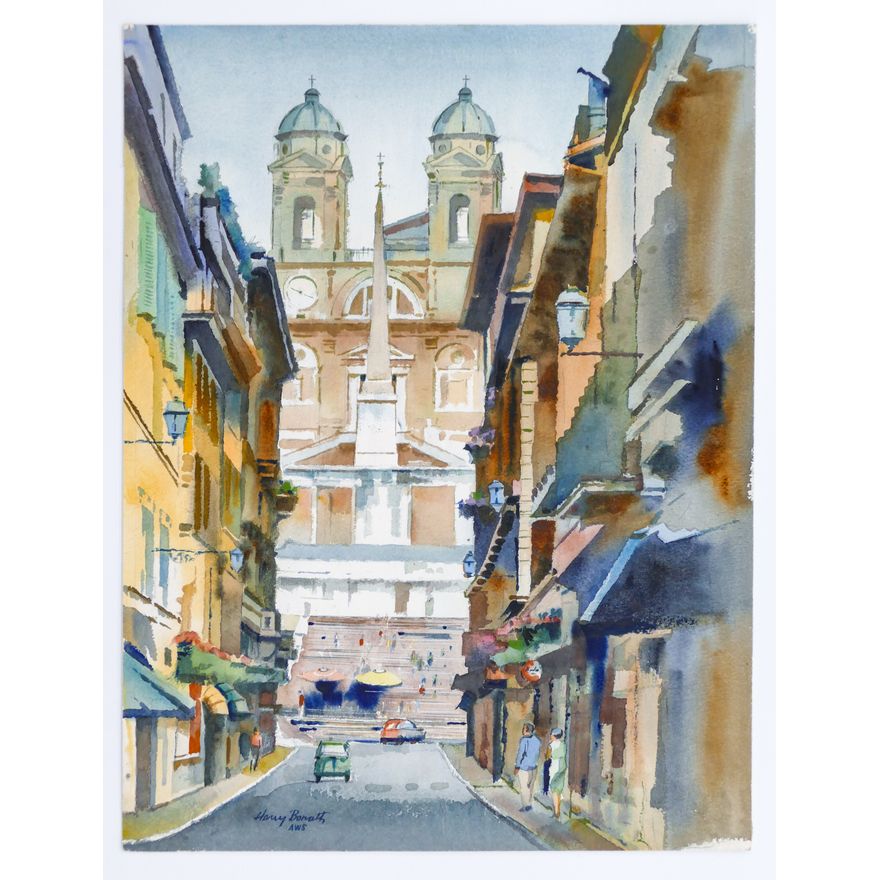Harry Bonath ''Spanish Steps, Rome'' Signed 1970 Watercolor on Arches 24.5''x19''