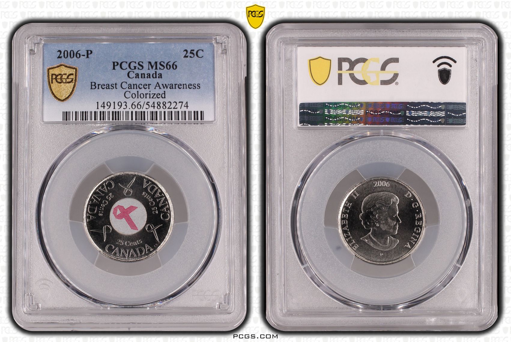 Canada, Breast Cancer Awareness Colorized, Twenty Five Cent, 2006-P, PCGS MS66