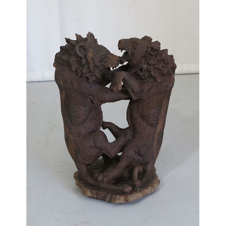 LARGE CARVED SLEEPERWOOD FIGURE OF TWO LIONS