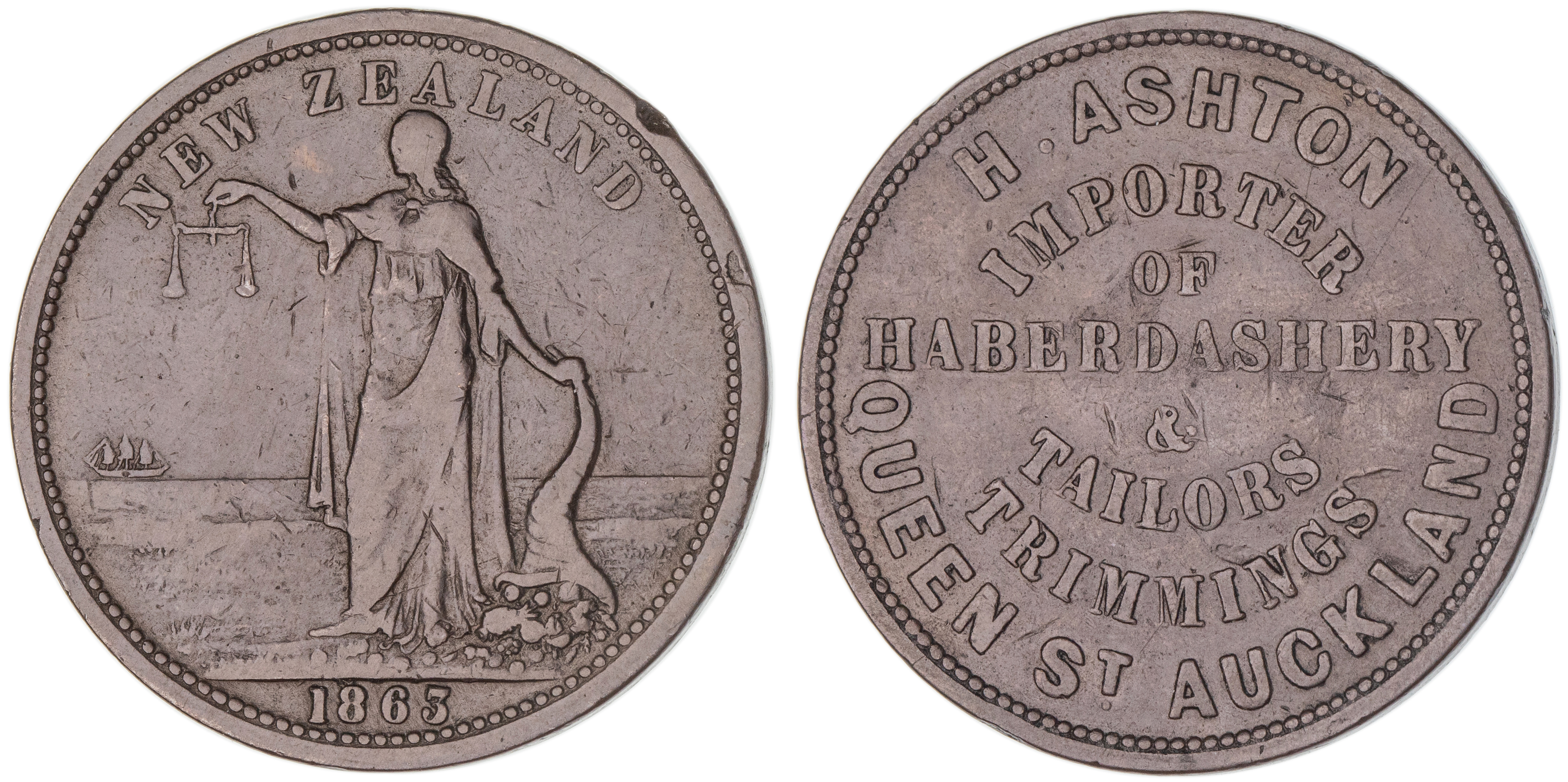 H. Ashton, Auckland, Penny, 1863, gFine
