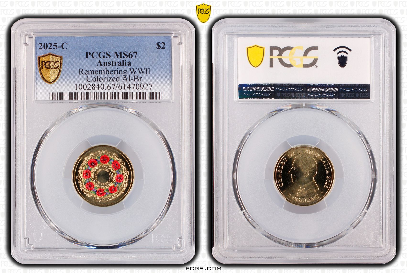Remembering WWII Colourised AlBr, Two Dollar, 2025-C, PCGS MS67
