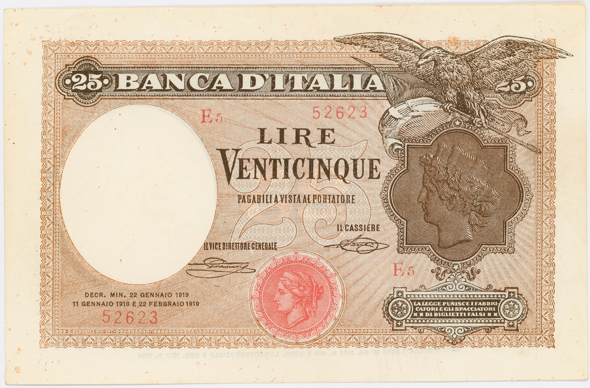 Italy, Bank of Italy, Twenty Five Lire, 1919, EF