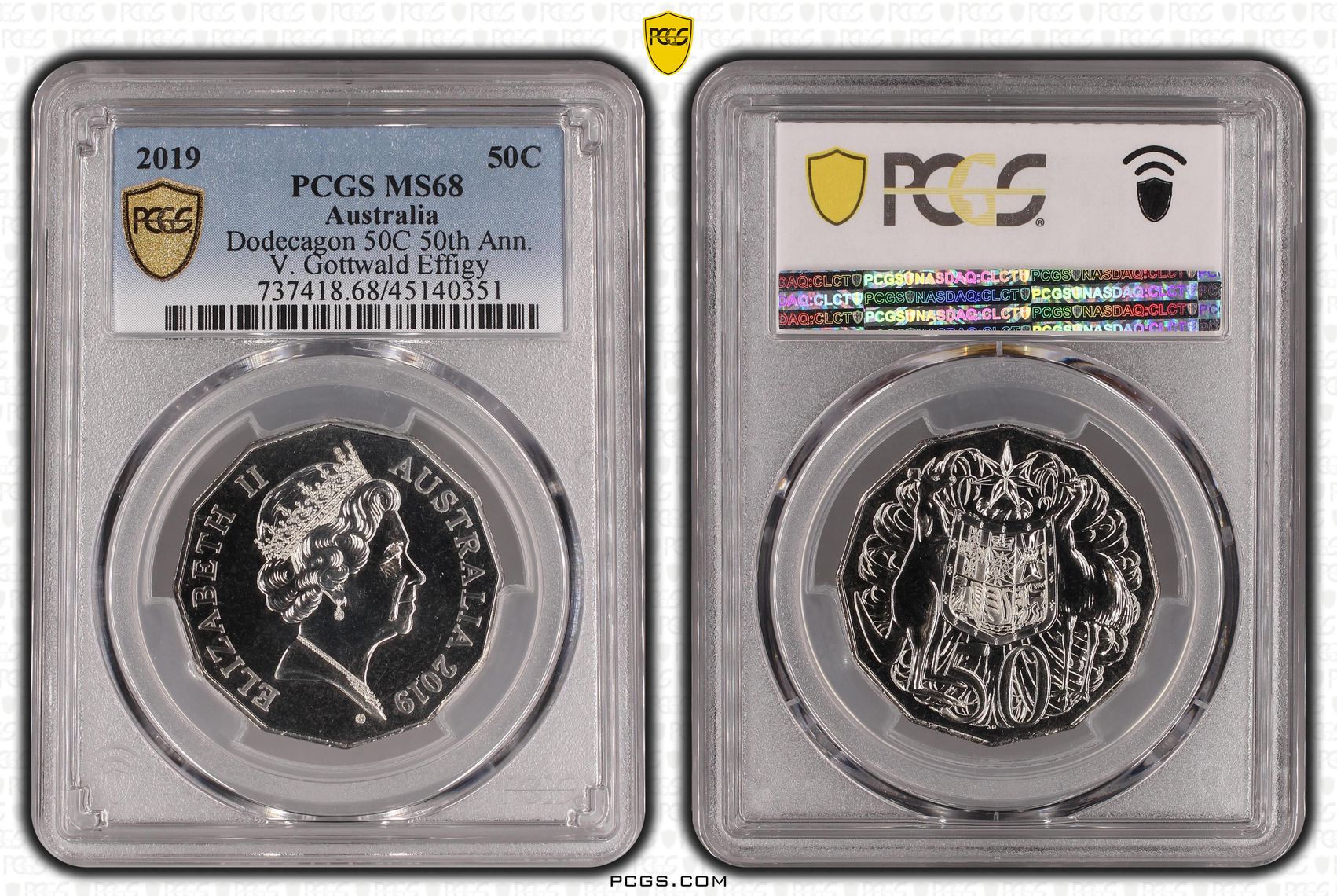 2019 Australia Fifty Cent, 50c Dodecagon 50C 50th Ann. V. Gottwald Effigy PCGS - MS68 -351