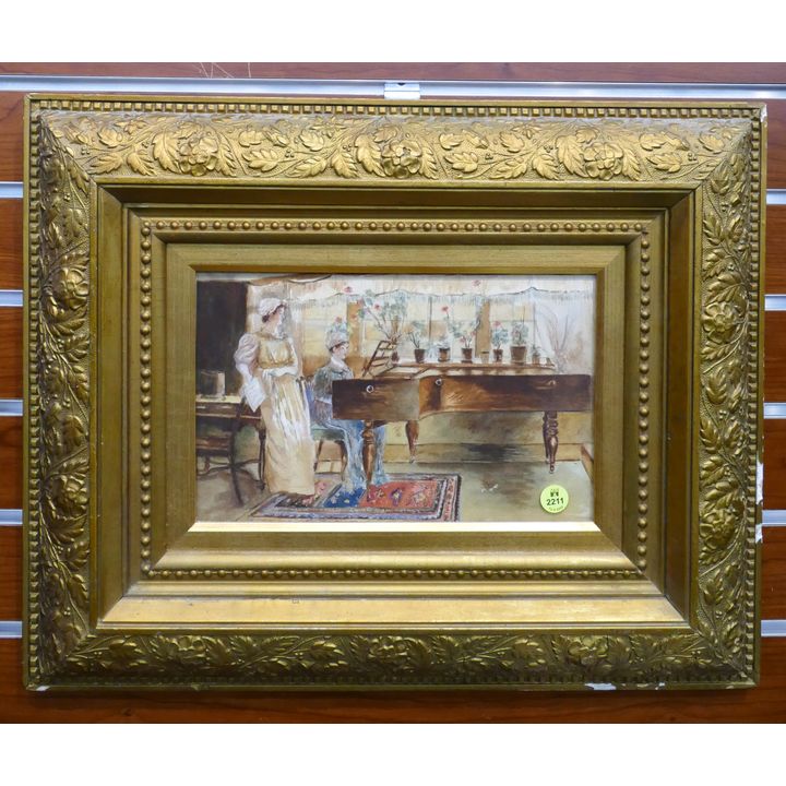 Antique Women Playing Piano Watercolor Framed- 16x20''