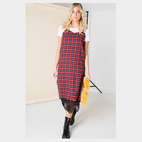 Midi Slip Dress with Lace Trim - Red Check - Red - UK 10 Women --50598/1761 B4(S5)