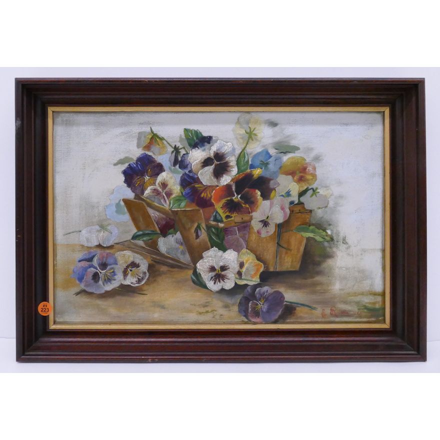 E. Robert 1905 Pansies in Bucket Still Life Oil on Board Painting Framed- 15x21''