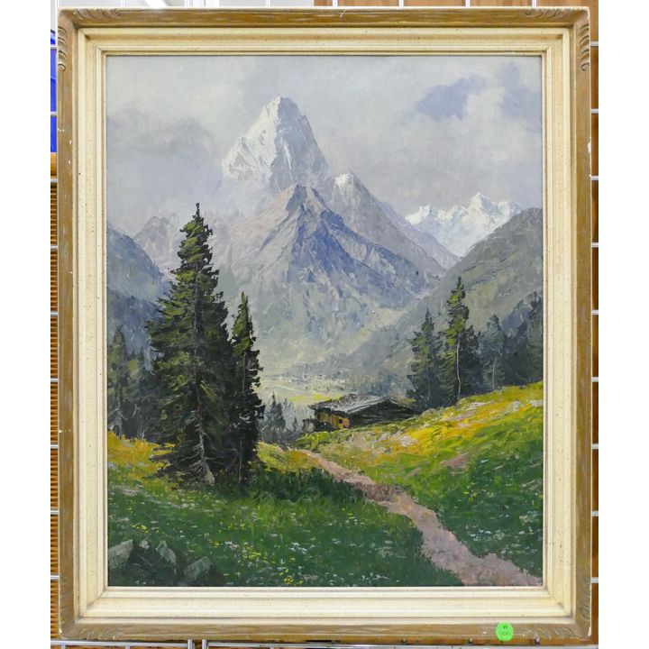 Adolf Wegener (1891-2001 Austrian) Alpine Landscape with Cabin Oil