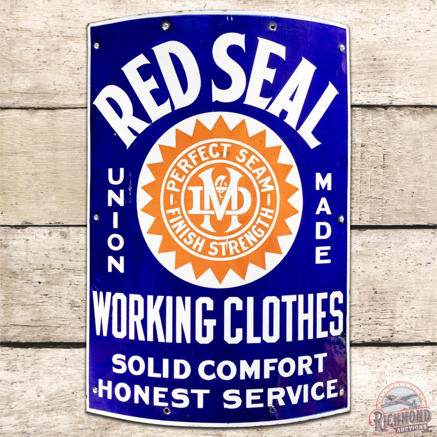 Red Seal Union Made Working Clothes Curved SS Porcelain Sign w/ Logo