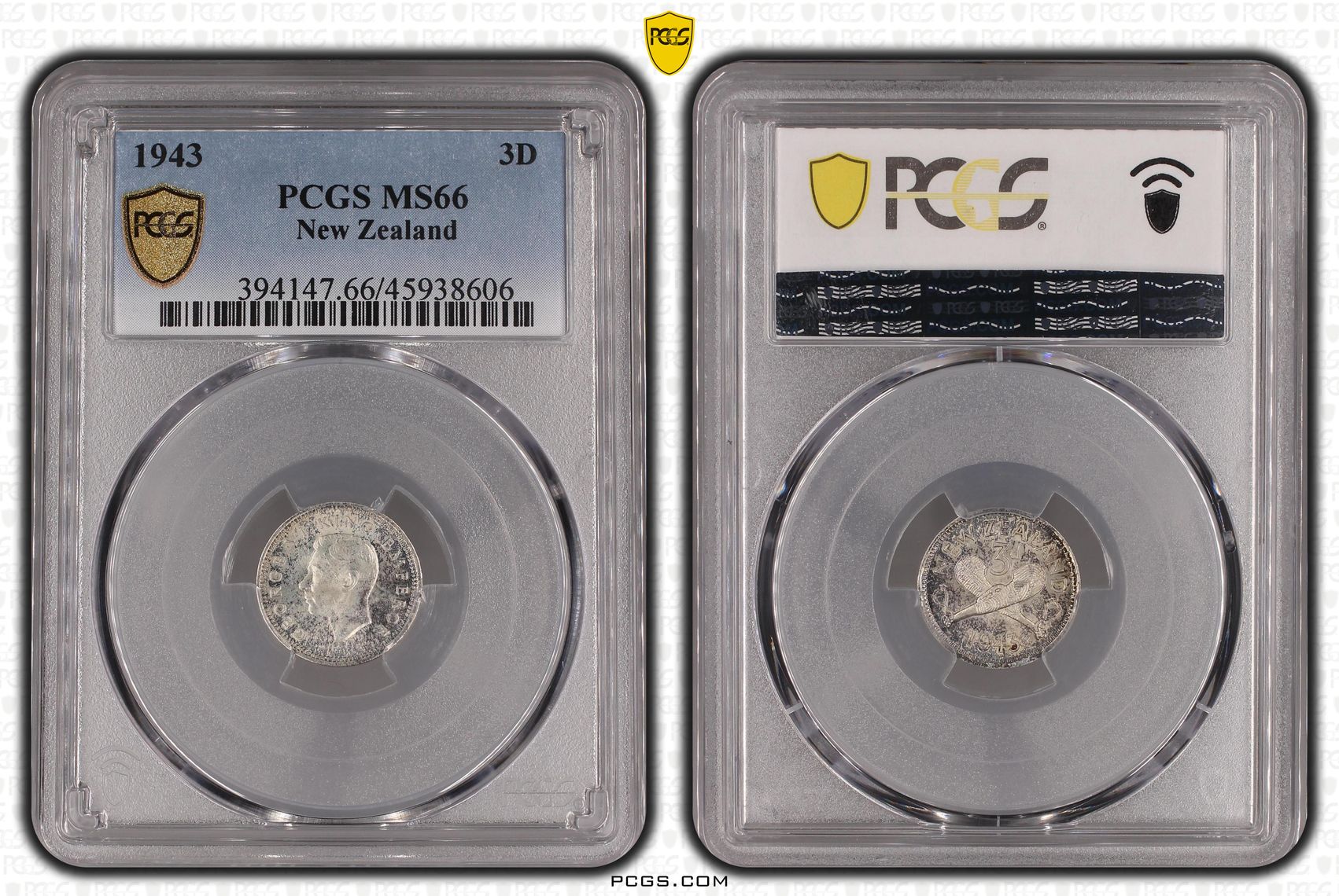1943 New Zealand Threepence Silver PCGS - MS66 POP 5/0 -606