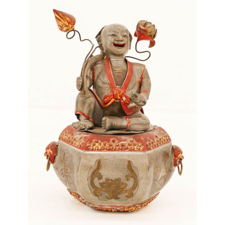 Chinese Qing Figural Pewter Tea Jar 7.5''x5.5''