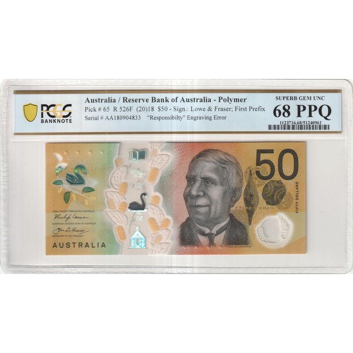Lowe/Fraser, First Prefix, "Responsibilty" Engraving Error, Fifty Dollar, 2018, PCGS Superb Gem UNC 68 PPQ