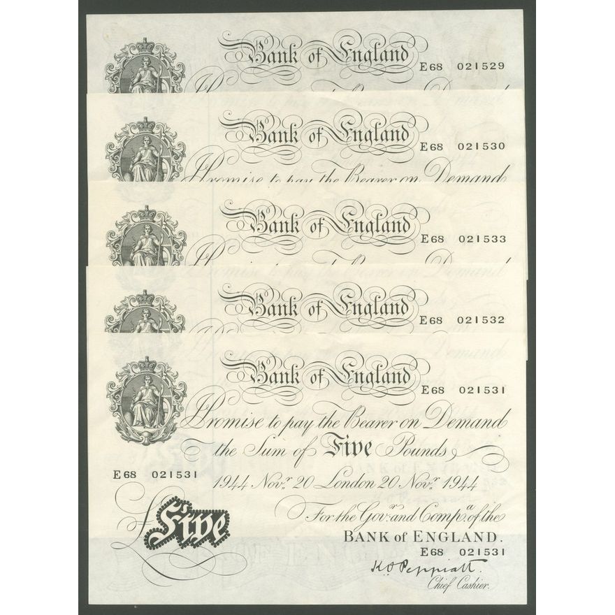 Bank of England, K.O Peppiatt, [5 notes] £5, 20th November 1944 ...