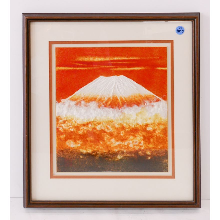 Japanese Pressed & Painted Mt Fuji Shikishi Board Framed- 17x15''