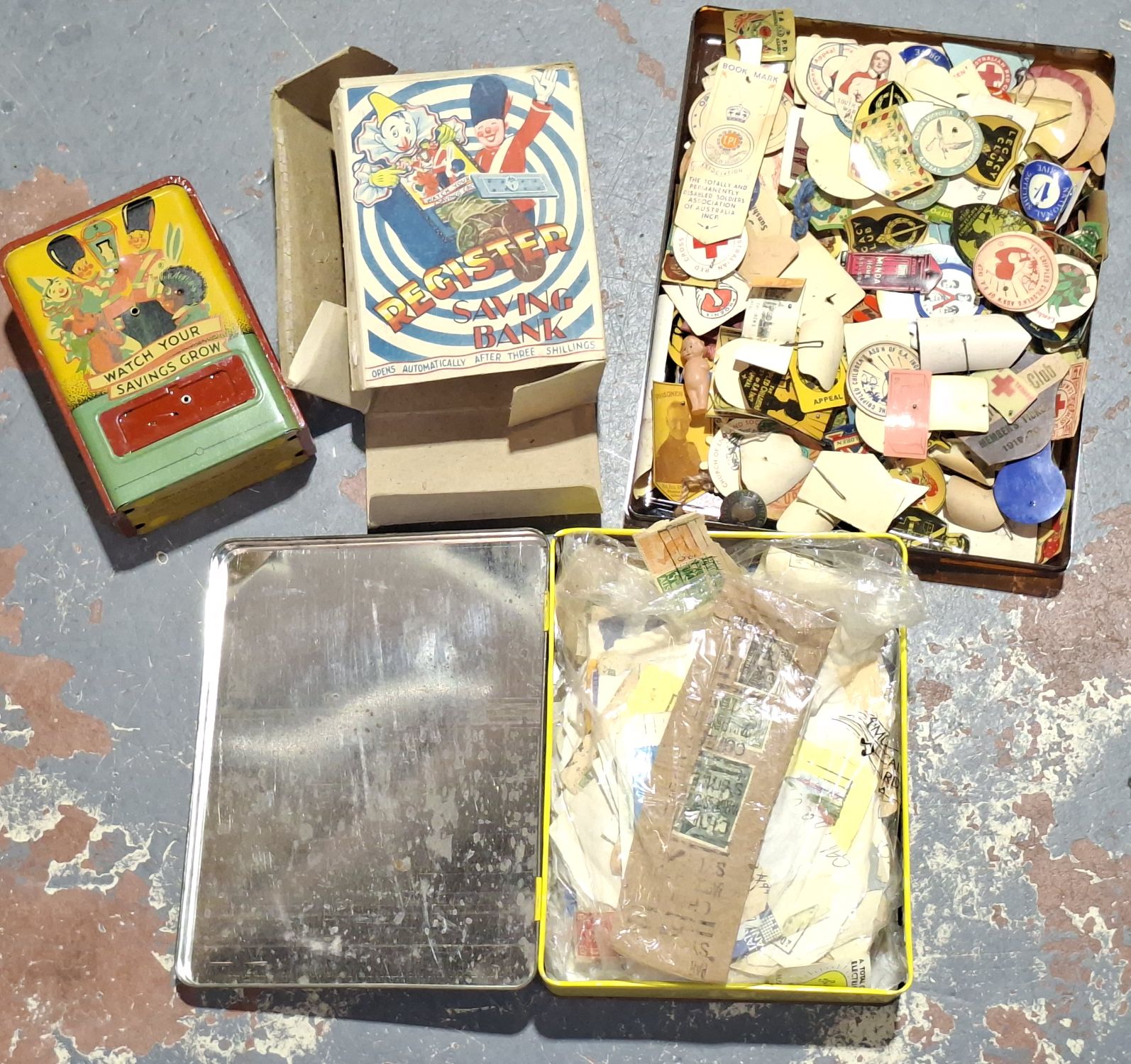 ADVERTISING PINS, STAMPS AND MONEY BOX