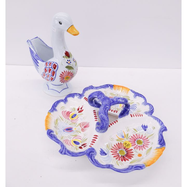 2pc Henriot Quimper Serving Tray & Duck Planter- largest 11''