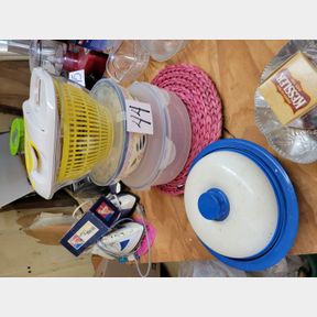 Plastic salad spinner, plastic lidded bowls, other