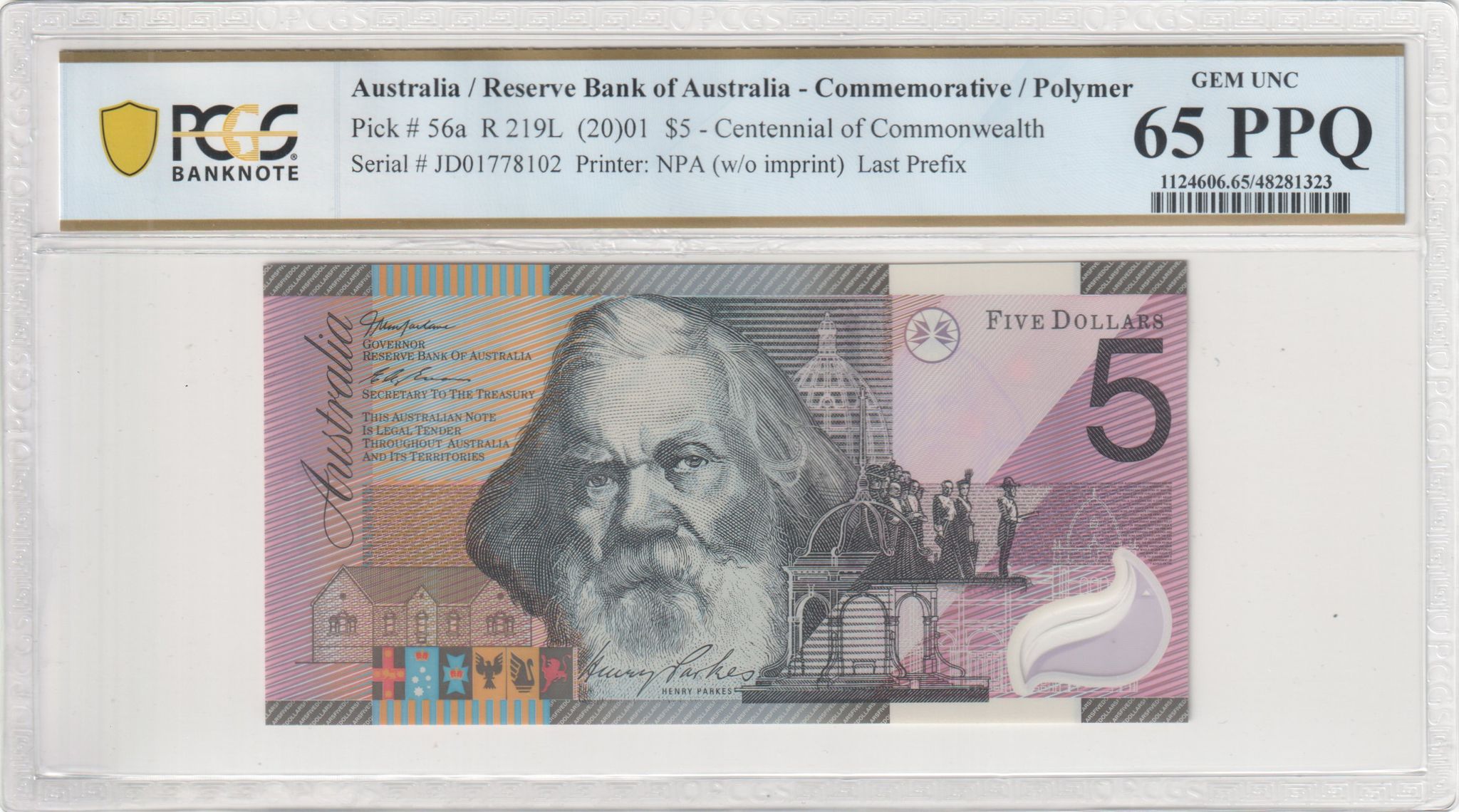 McFarlane/Evans, Last Prefix, Five Dollar, 2001, PCGS Gem UNC 65 PPQ