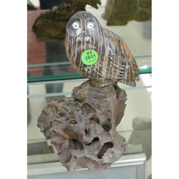 Petrified Mammoth Tusk Carved Signed Owl Sculpture- 6''