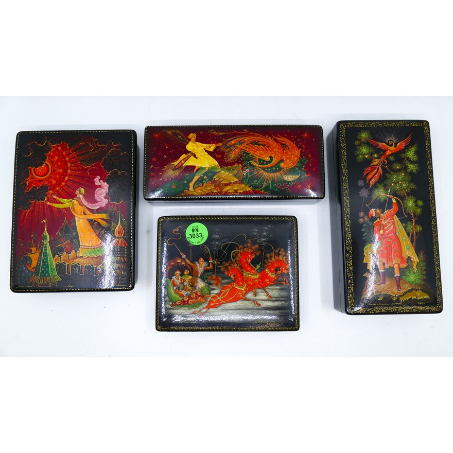 Tray 4pc Russian Lacquered Fairytale Boxes 5'' to 6.5''