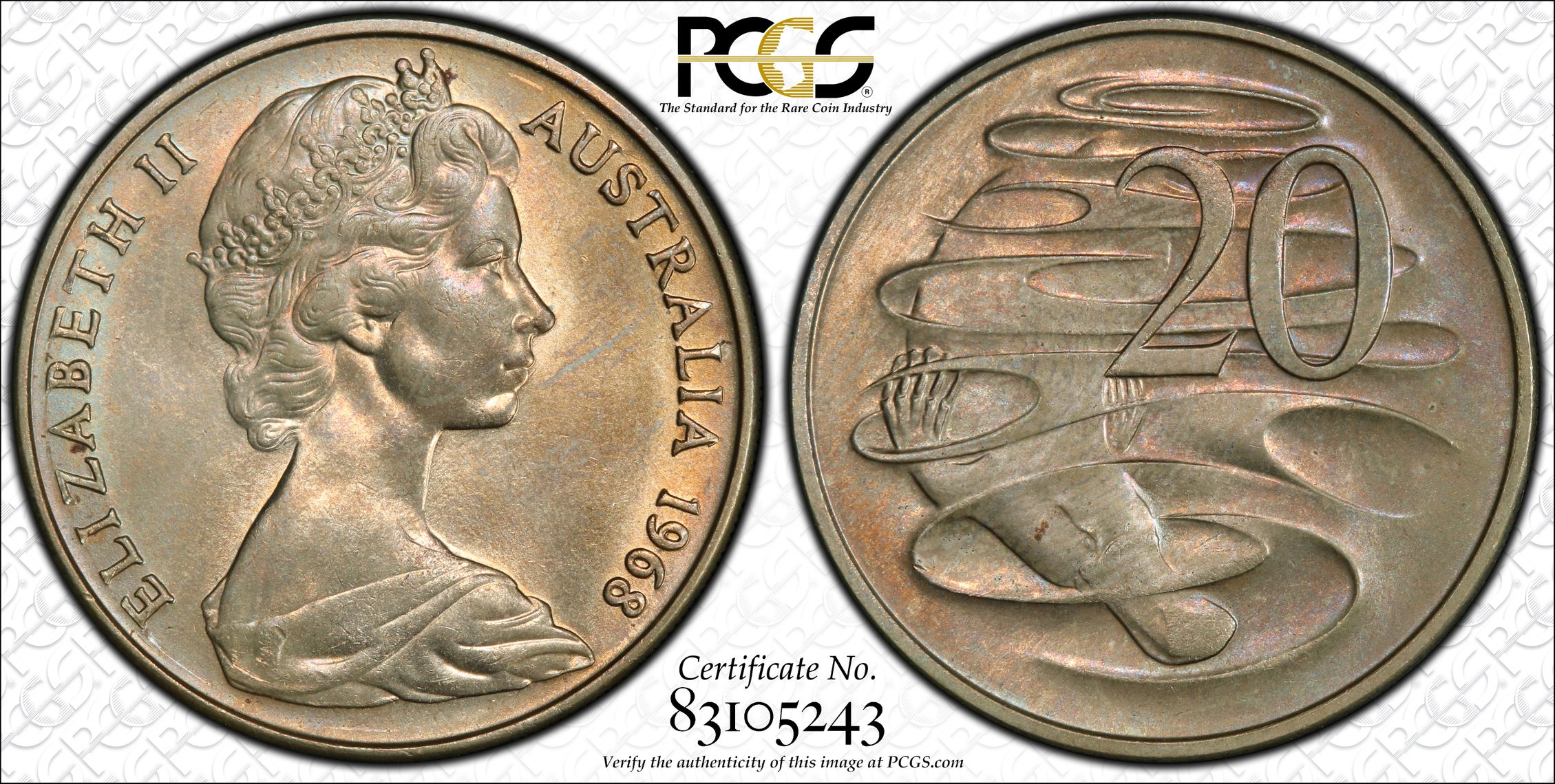 1968 Australia Twenty Cent, 20c PCGS - MS64 -243